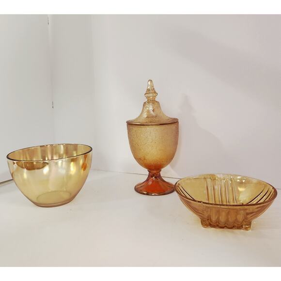 Vintage Iridescent Amber Glass Set – Lidded Compote, Ribbed & Smooth Bowls - Picture 1 of 12
